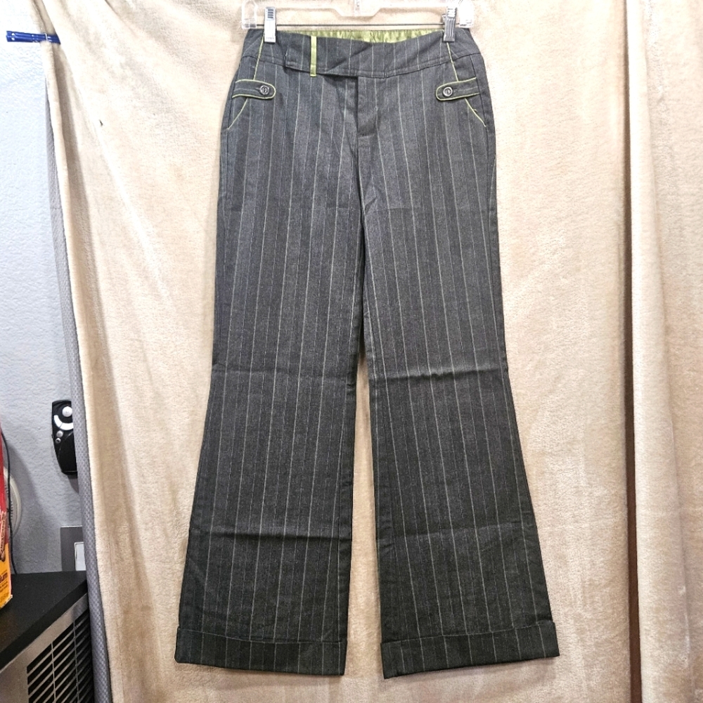 Womens Xhilaration Gray Slacks w/ Green Pin Stripe Wide Leg Size 1